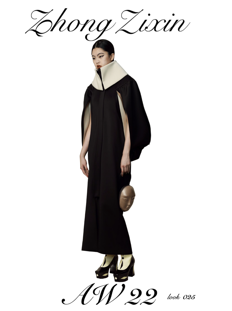 Ribbed collar long cape coat