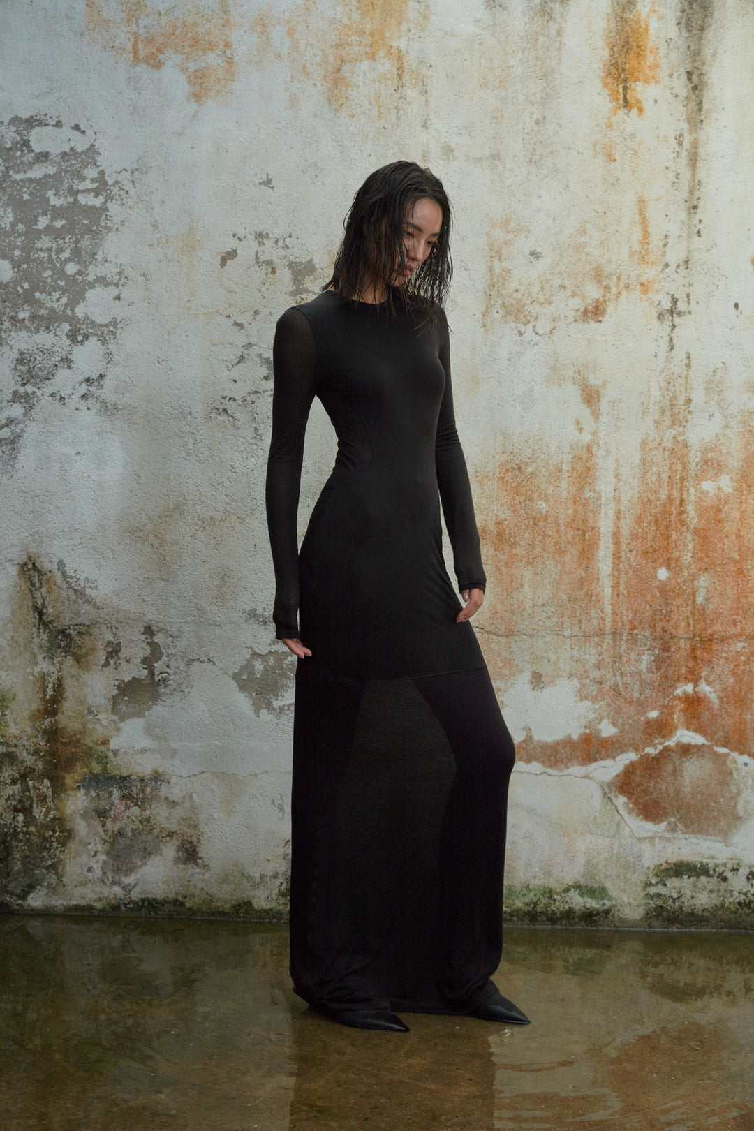 Patchwork Long Sleeve Sheer Maxi Dress