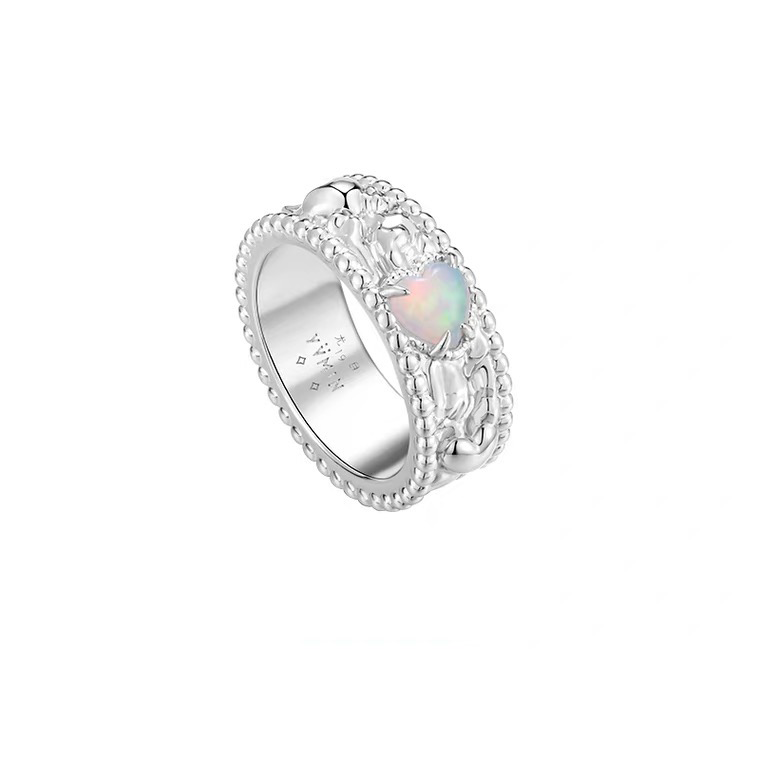 Opal Embossed Floral Silver Ring
