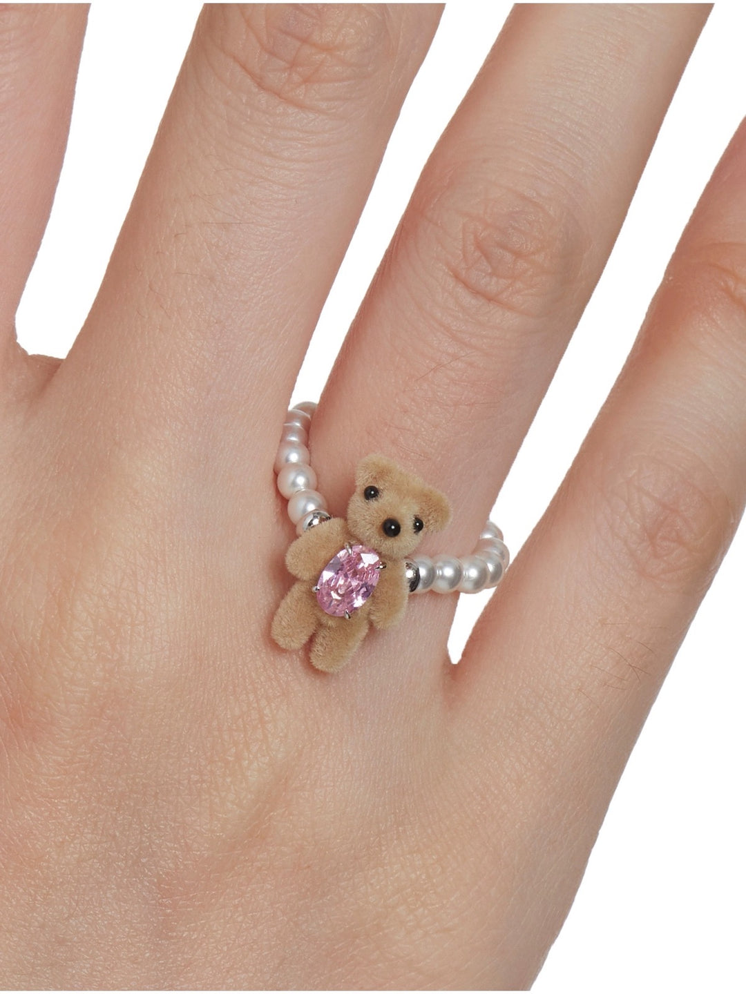 Flocked Mini Bear Pearl Ring