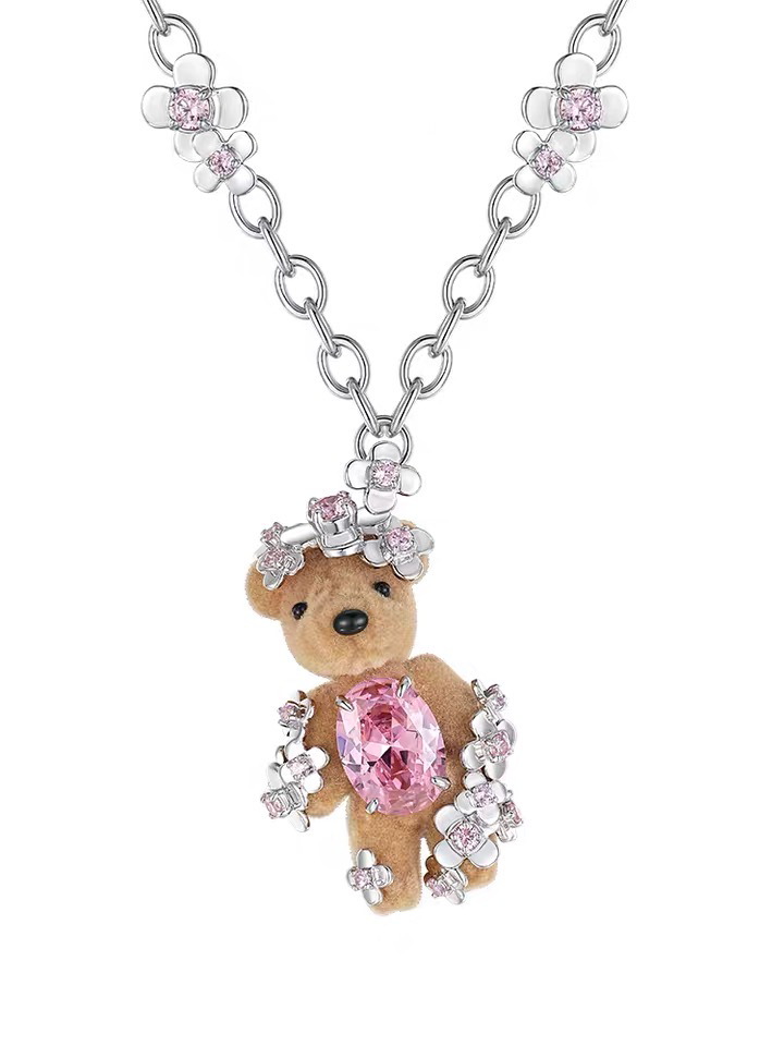 Flower Covered Flocked Bear Necklace