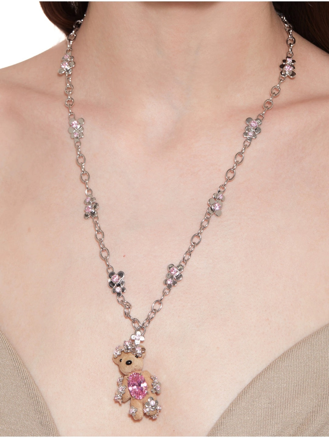 Flower Covered Flocked Bear Necklace