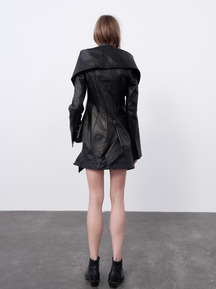 Sheepskin irregular pleated leather skirt