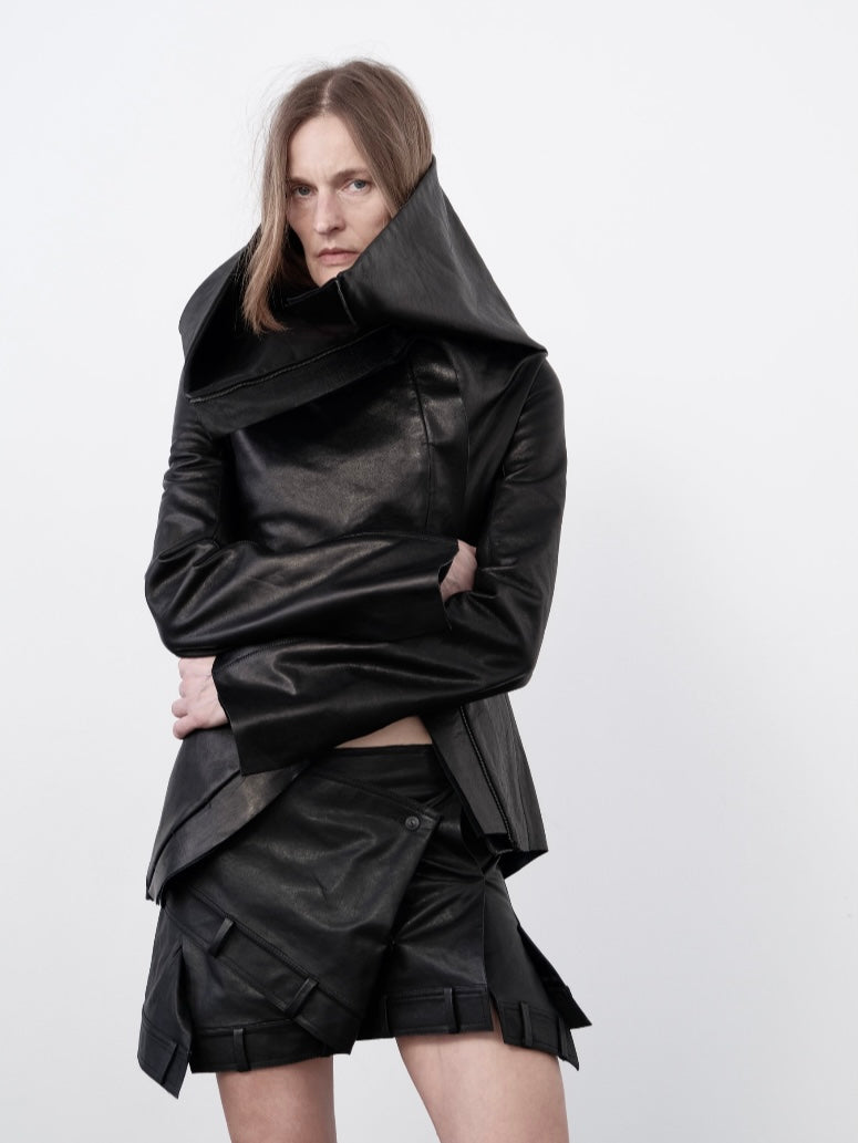 Sheepskin irregular pleated leather skirt