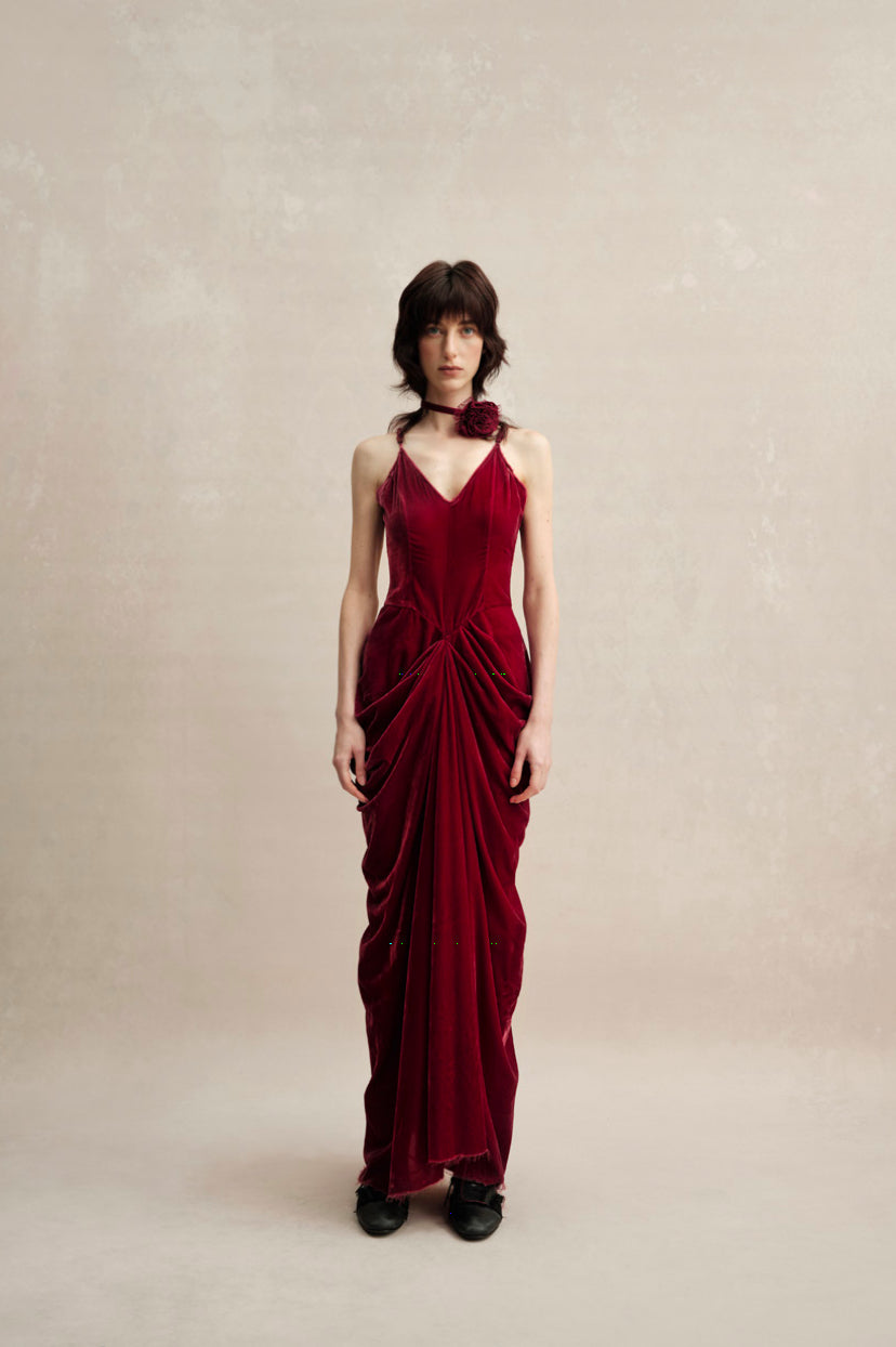 Red Velvet Pleated Dress