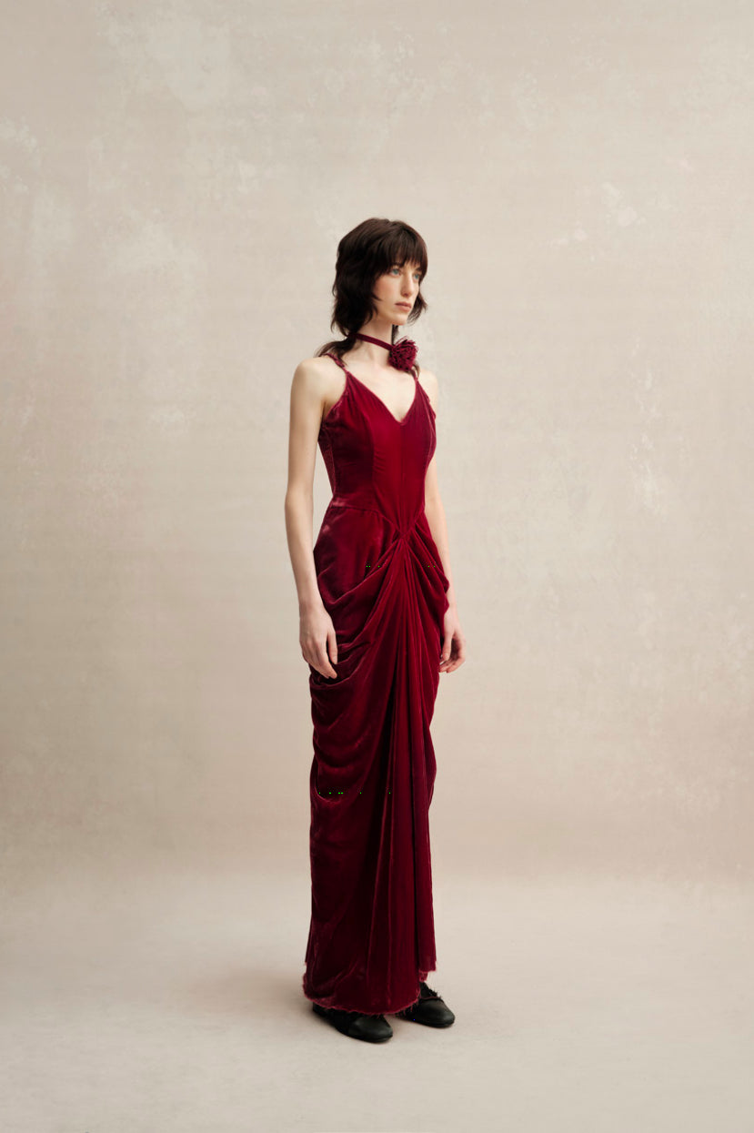 Red Velvet Pleated Dress