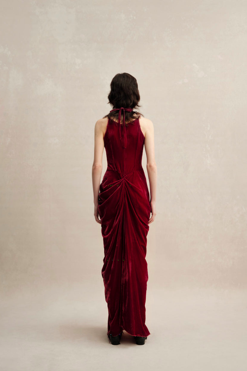 Red Velvet Pleated Dress