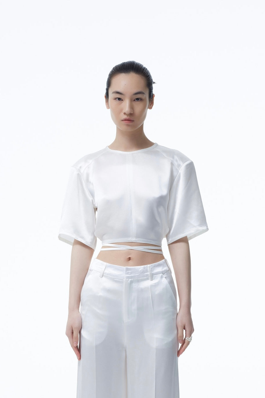 Padded Shoulders Tie Short Sleeves White