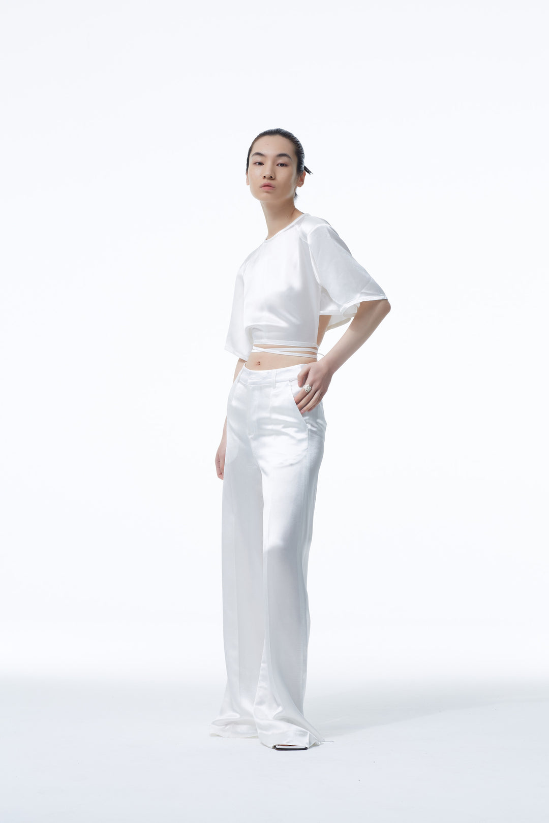 Acetate High Waist Wide Leg Pants White