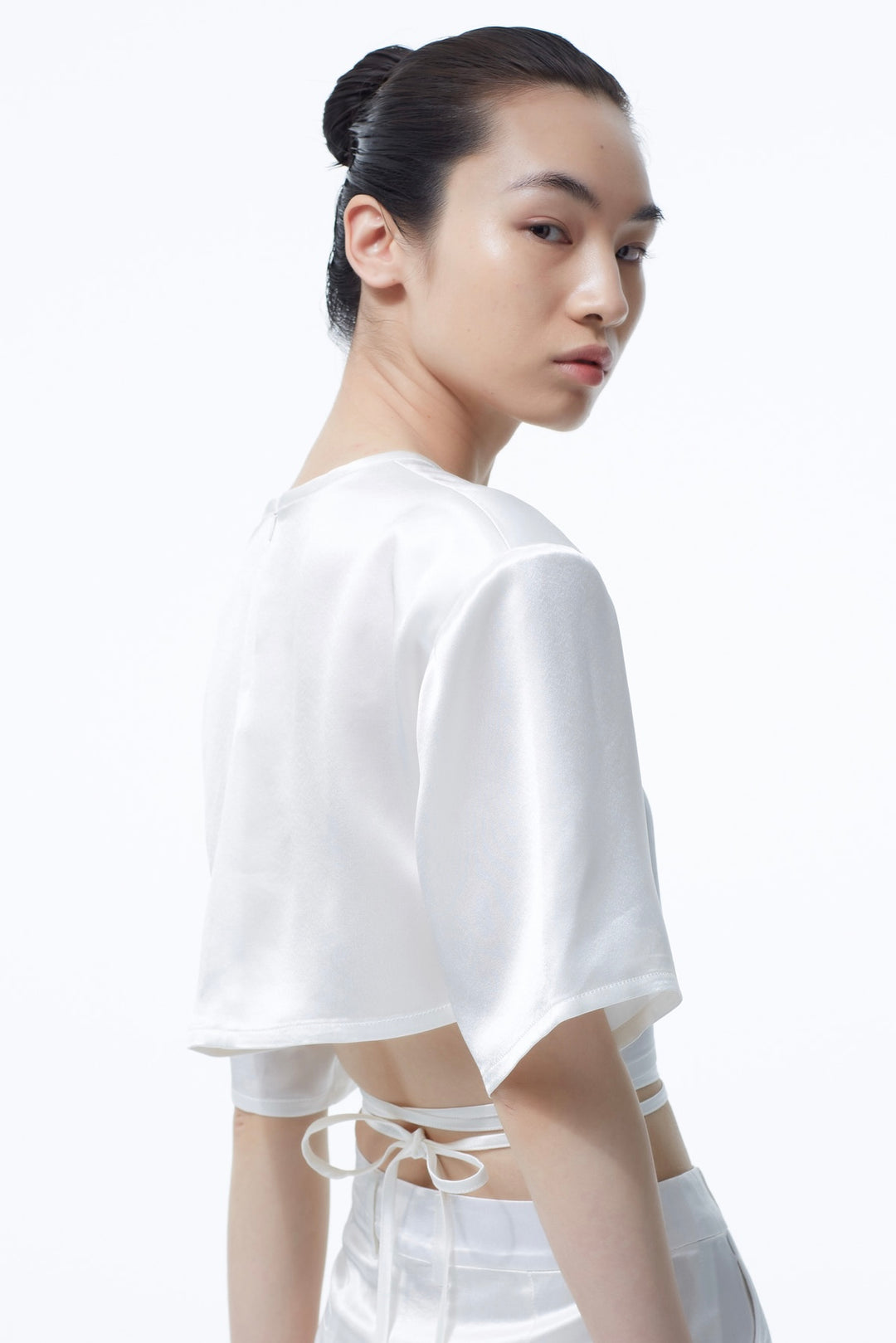 Padded Shoulders Tie Short Sleeves White